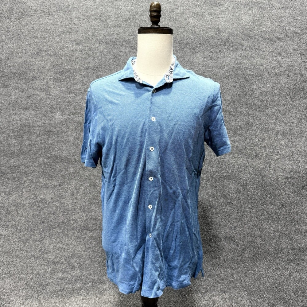 Bugatchi Mens Blue Short Sleeve Button Up Shirt Floral Trim Casual